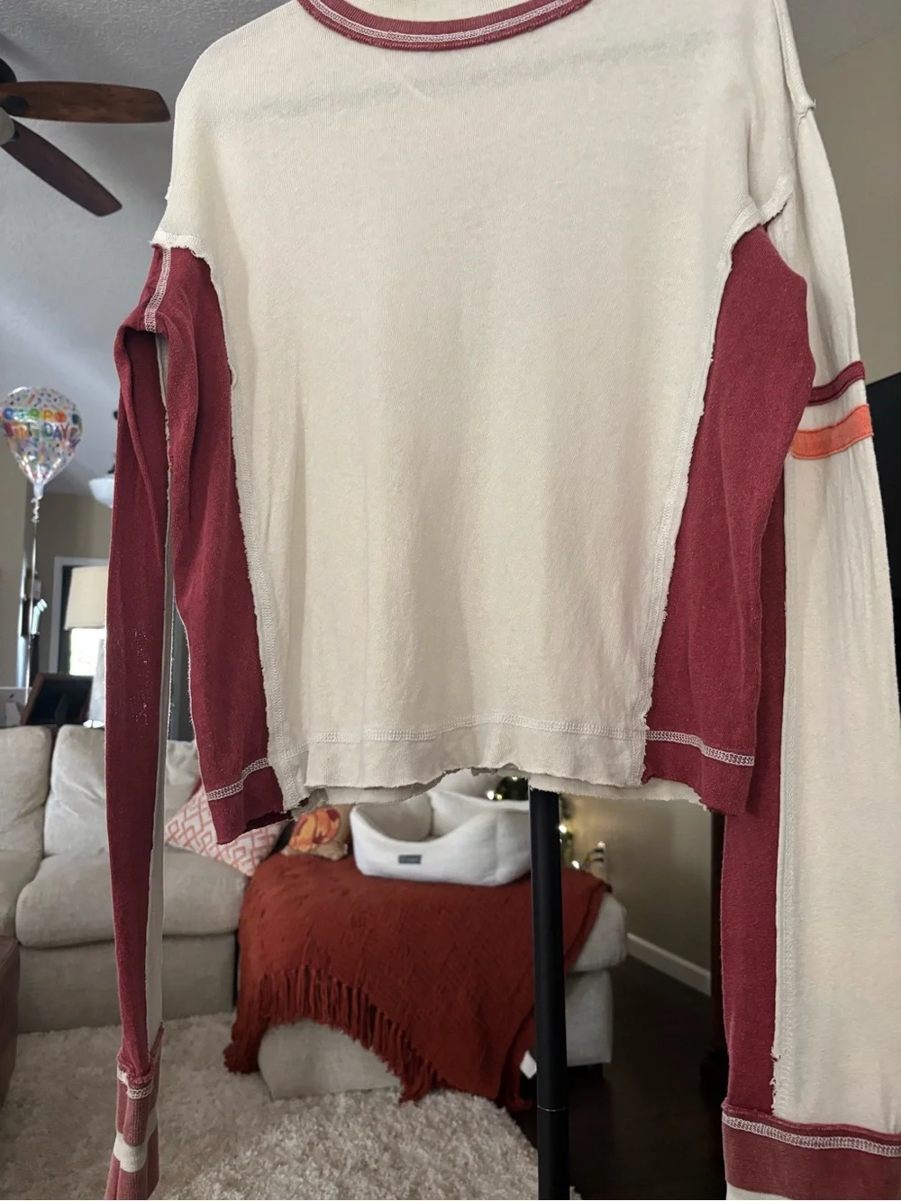 Free People Cream Sweater with Burgundy Panels and Coral Stripe